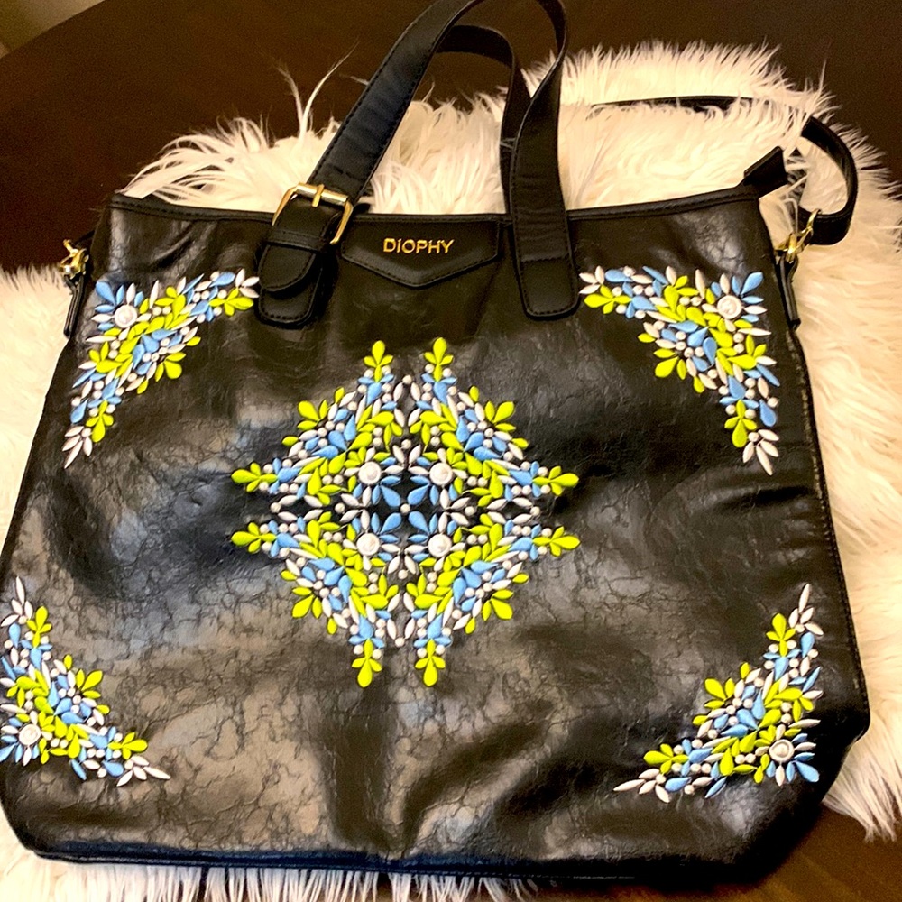 Diophy black leather floral tote bag